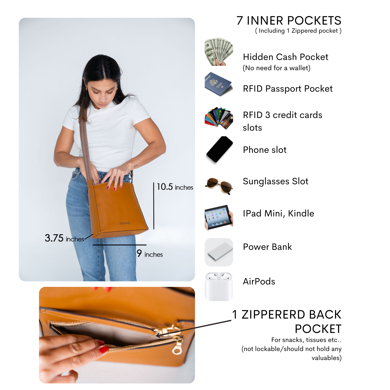 Compact travel crossbody purse neatly packed with travel essentials including phone, passport, sunglasses, cards, cash, powerbank